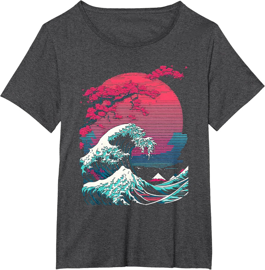 Great Wave Off Kanagawa Retro Glitch Aesthetic Vaporwave T-Shirt - Dark Heather Grey