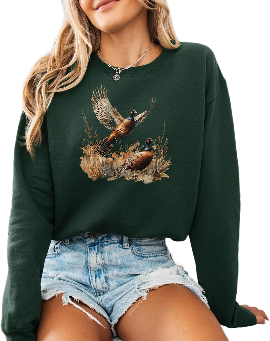 Vintage Pheasant Wildlife Sweatshirt – Cozy Outdoor Nature Crewneck - Forest Green