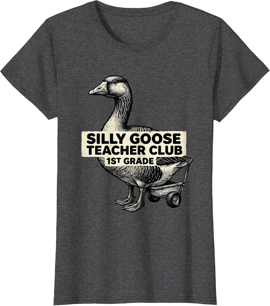Women's Silly Goose Teacher Club 1st Grade Funny Back to School T-Shirt - Dark Heather Grey