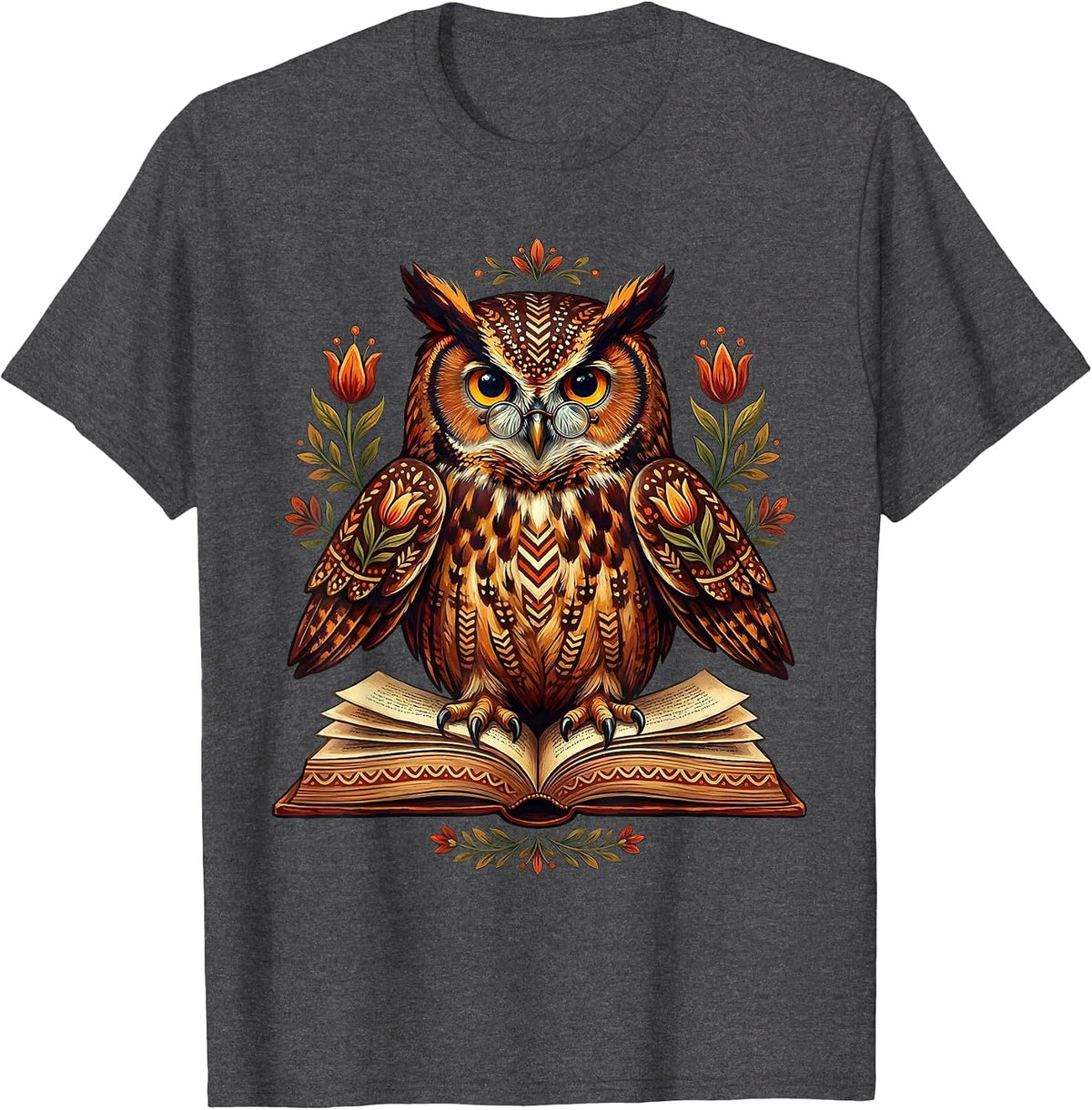 Wise Owl Reading Book With Glasses Illustration T-Shirt - Dark Heather Grey