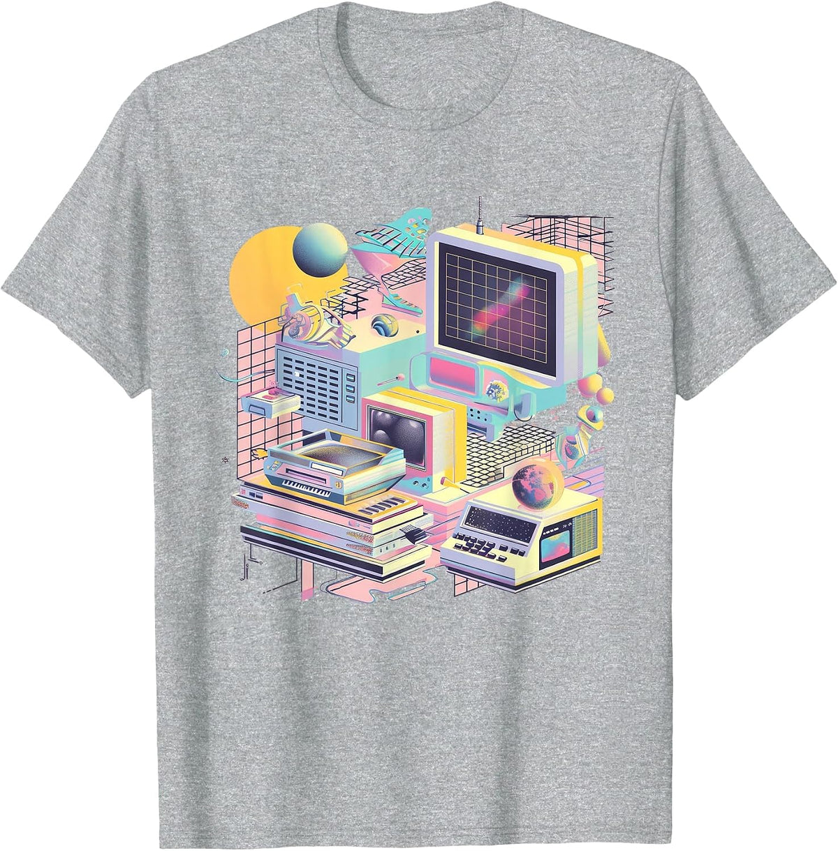 Retro Futuristic Synthwave Style Aesthetic T-Shirt - Heather Grey