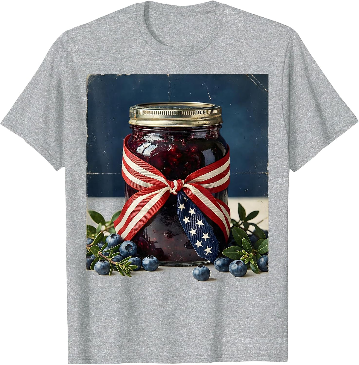 Red White and Blueberries Jam Jar Flag Ribbon T-Shirt, Men, Heather Grey, Medium - As Pictured