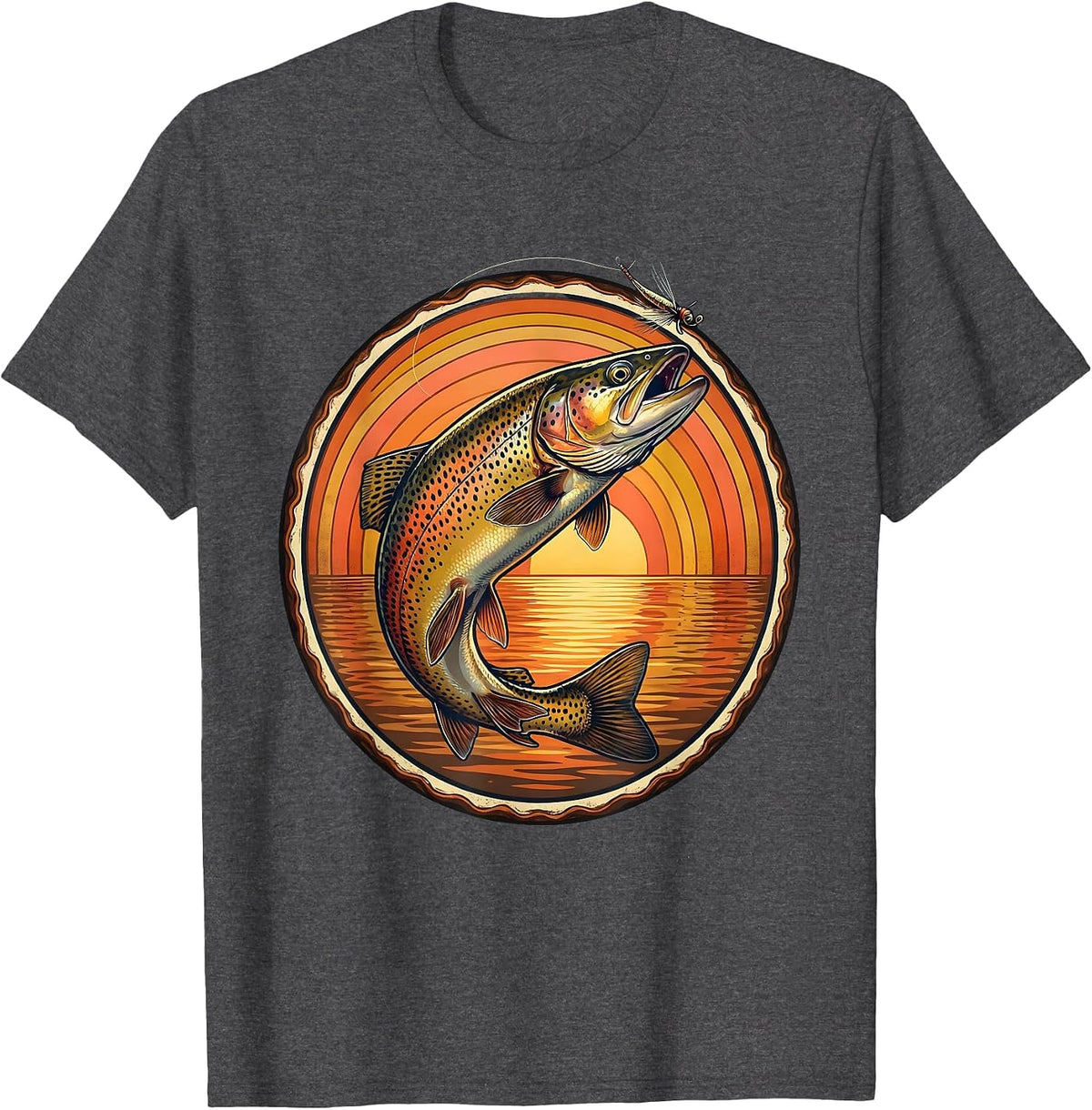 Trout Rising to Surface Fly Fishing Illustration T-Shirt - Dark Heather Grey