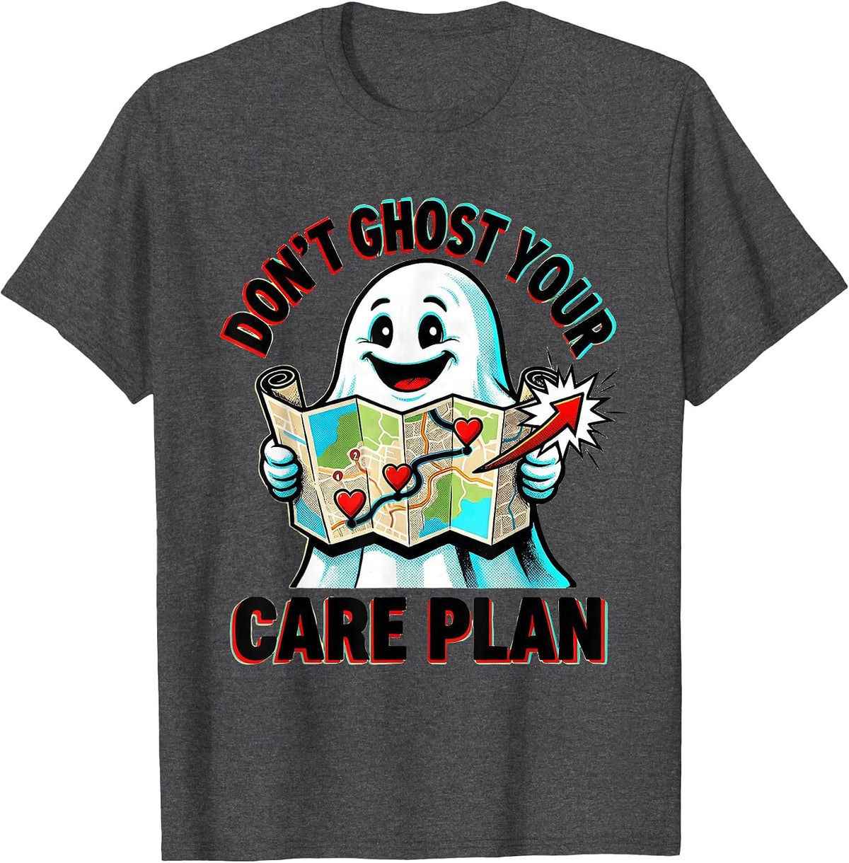 Men's Don't Ghost Your Care Plan Pop Art Mental Health Halloween T-Shirt - Dark Heather Grey