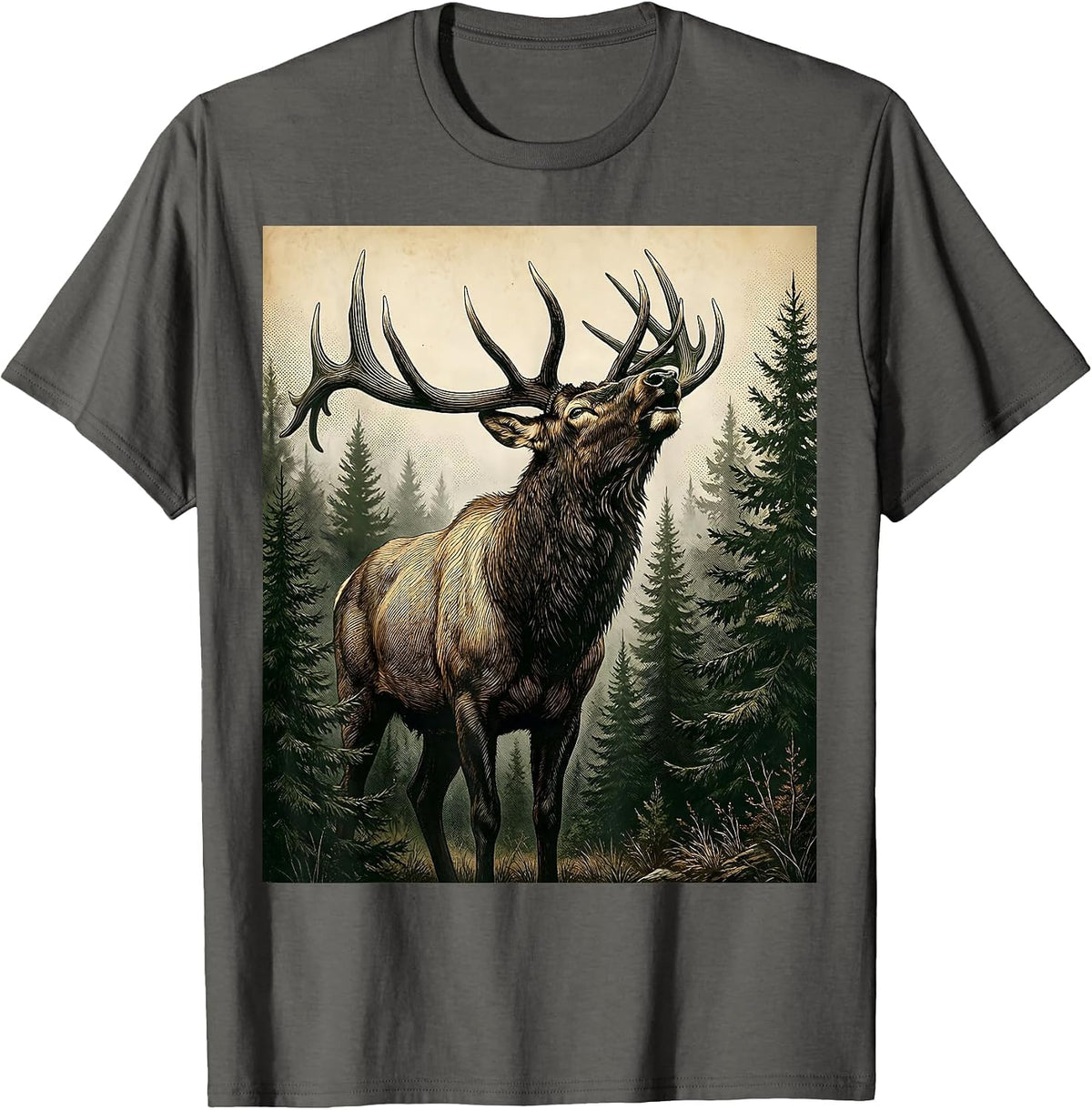 Men's Elk Bugling in Misty Camo Forest Graphic T-Shirt - Asphalt Grey