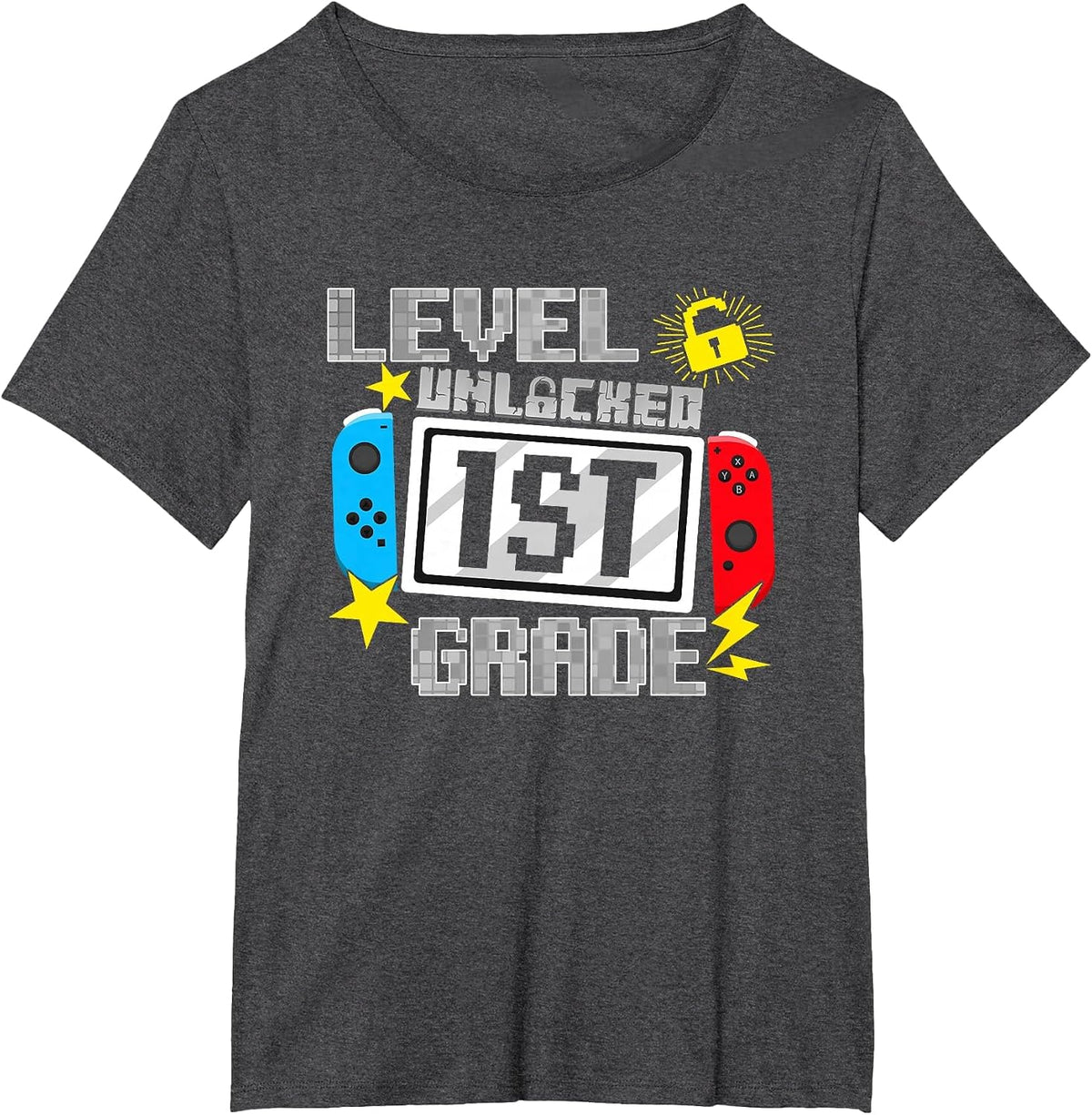 First Day of 1st Grade Level Unlocked Game Back to School T-Shirt - Dark Heather Grey