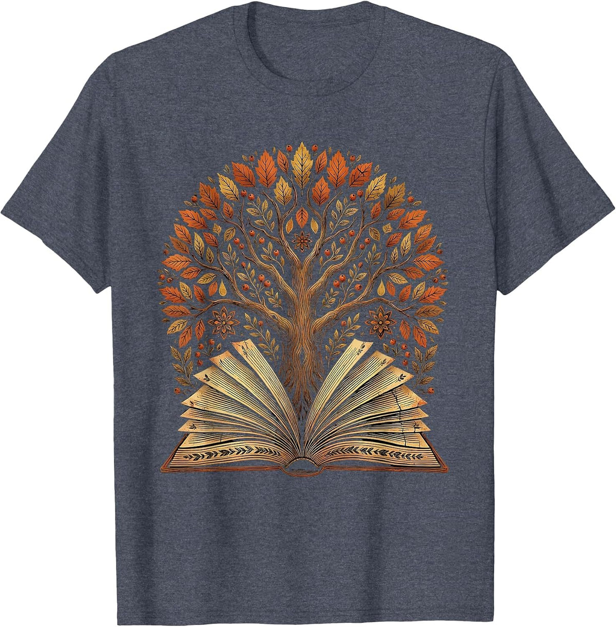 Fall Teacher Open Book Tree Growing Illustration T-Shirt - Heather Blue
