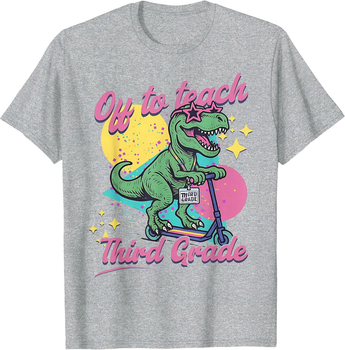Off to Teach Third Grade Retro Dinosaur Scooter Teacher 3rd T-Shirt - Heather Grey