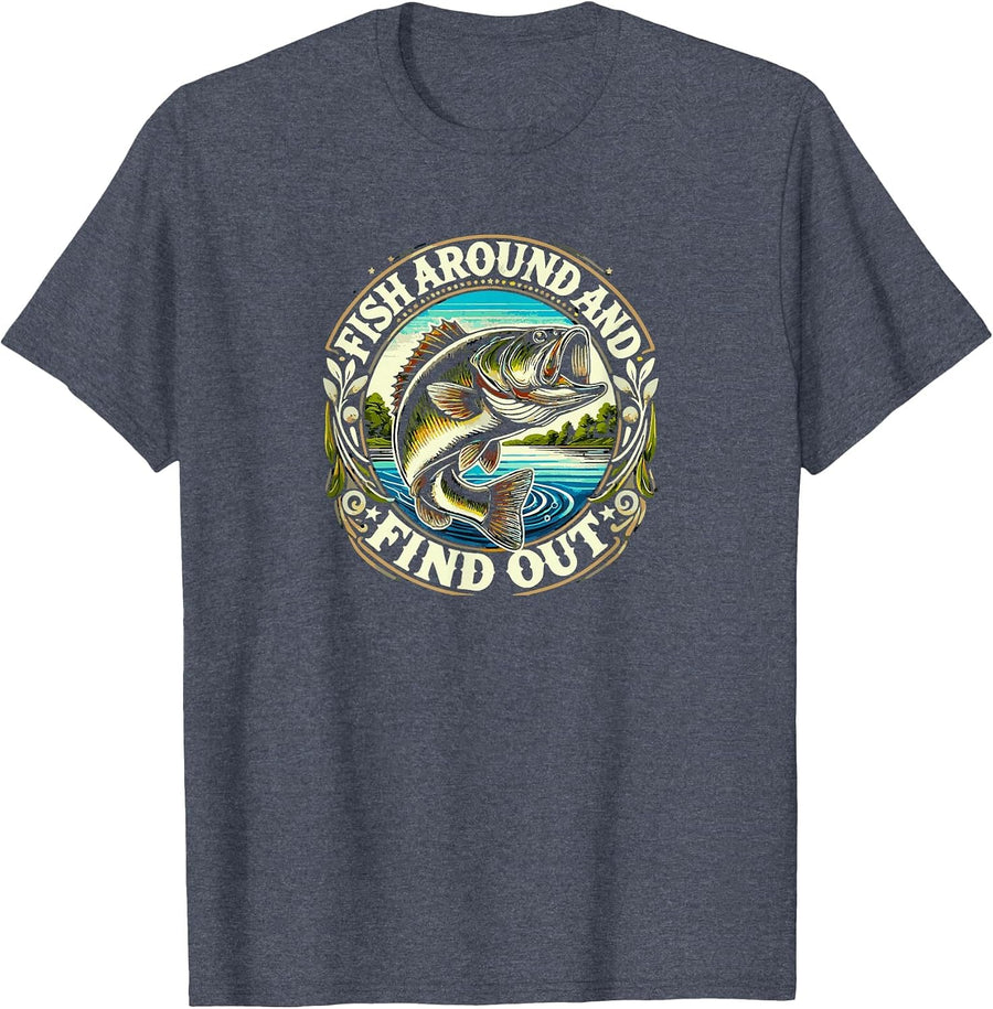 Fish Around and Find Out Funny Bass Fishing Tee Shirt for Men Women - Heather Blue