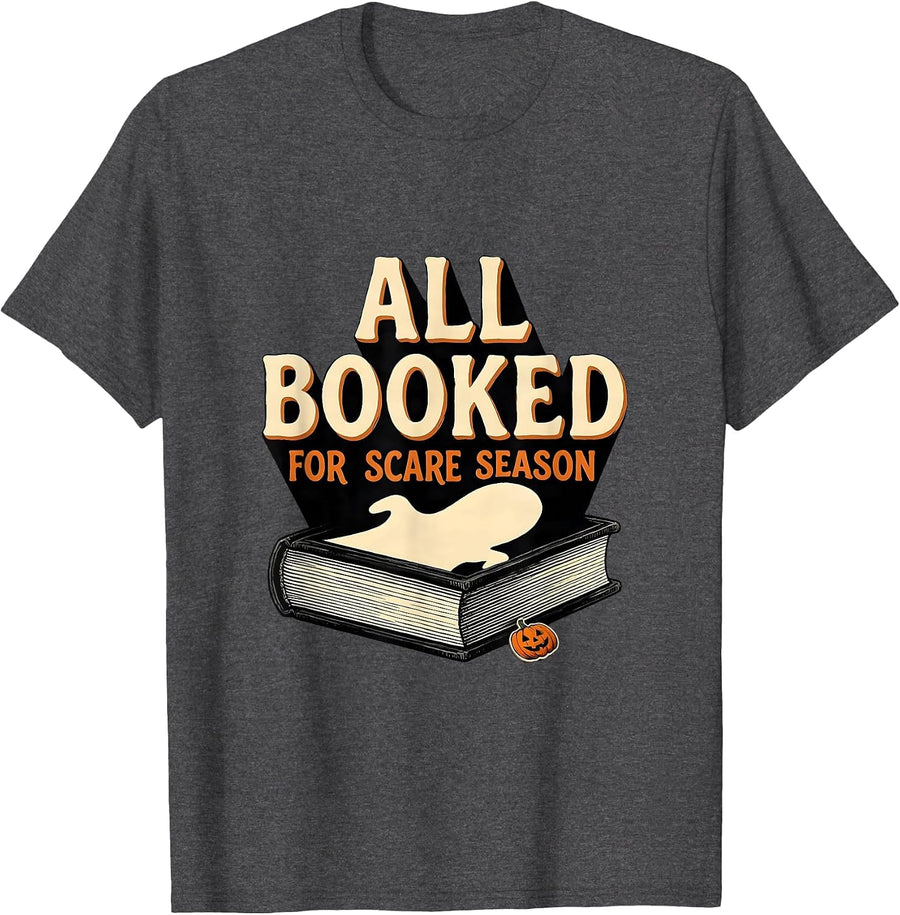 Men's All Booked For Scare Season Cute Ghost Bookworm Halloween T-Shirt - Dark Heather Grey