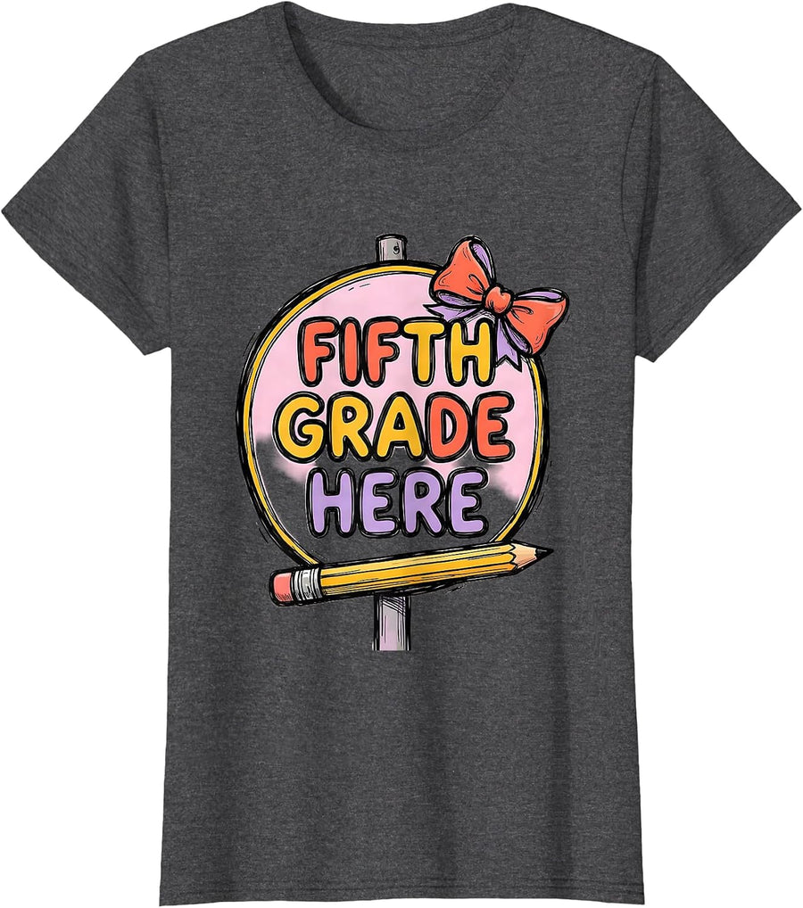 Women's Fifth Grade Here Coquette Bow Back to School Pencil Humor T-Shirt - Dark Heather Grey