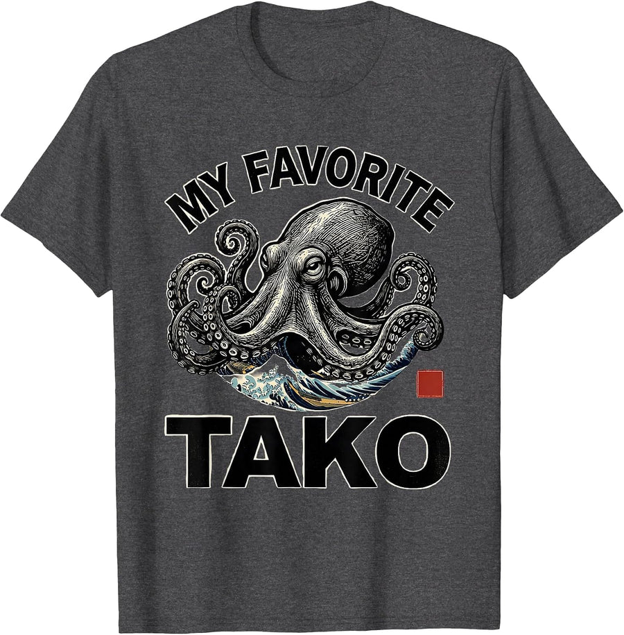 Men's My Favorite Tako Whimsical Octopus Lover Japanese Cultural T-Shirt - Dark Heather Grey