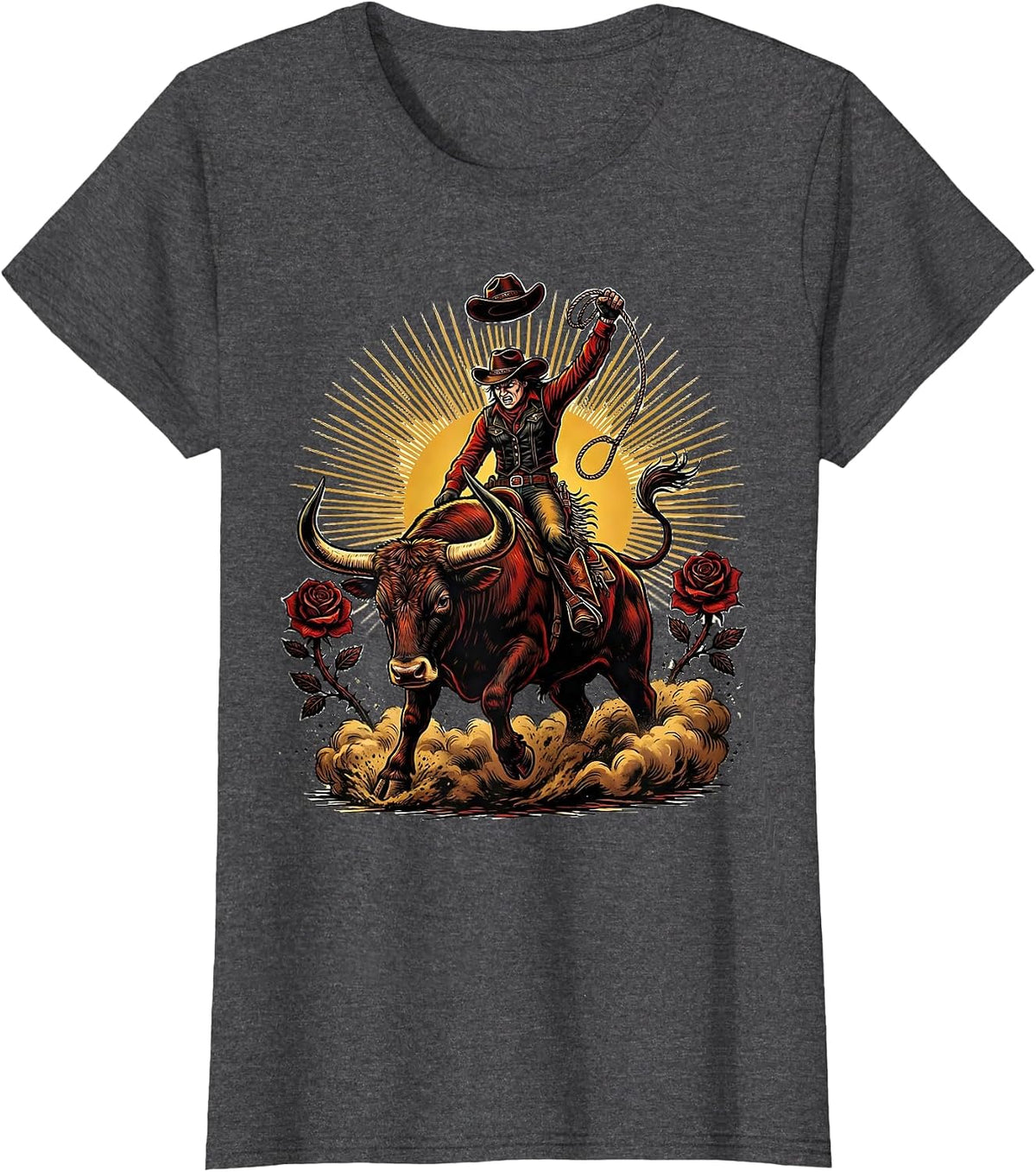 Women's Cowgirl Bull Rider Rodeo Arena Graphic T-Shirt - Dark Heather Grey