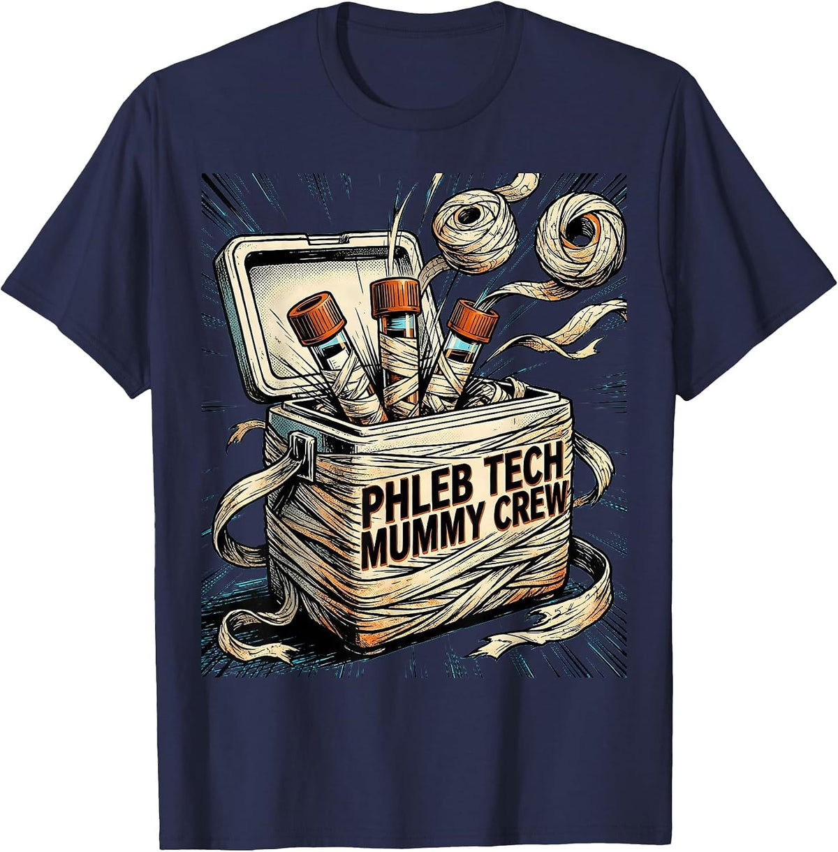 Phleb Tech Mummy Crew Comic Book Halloween Medical Crew T-Shirt - Navy Blue