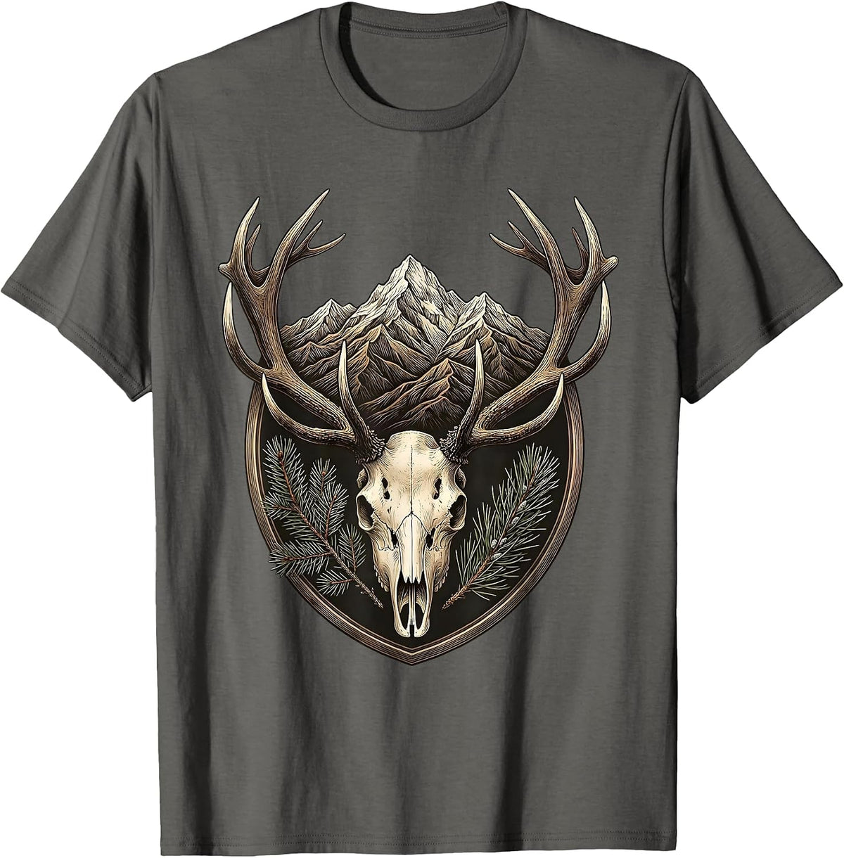 Men's Bull Elk Antlers Framing Mountain Sunset T-Shirt - Asphalt Grey