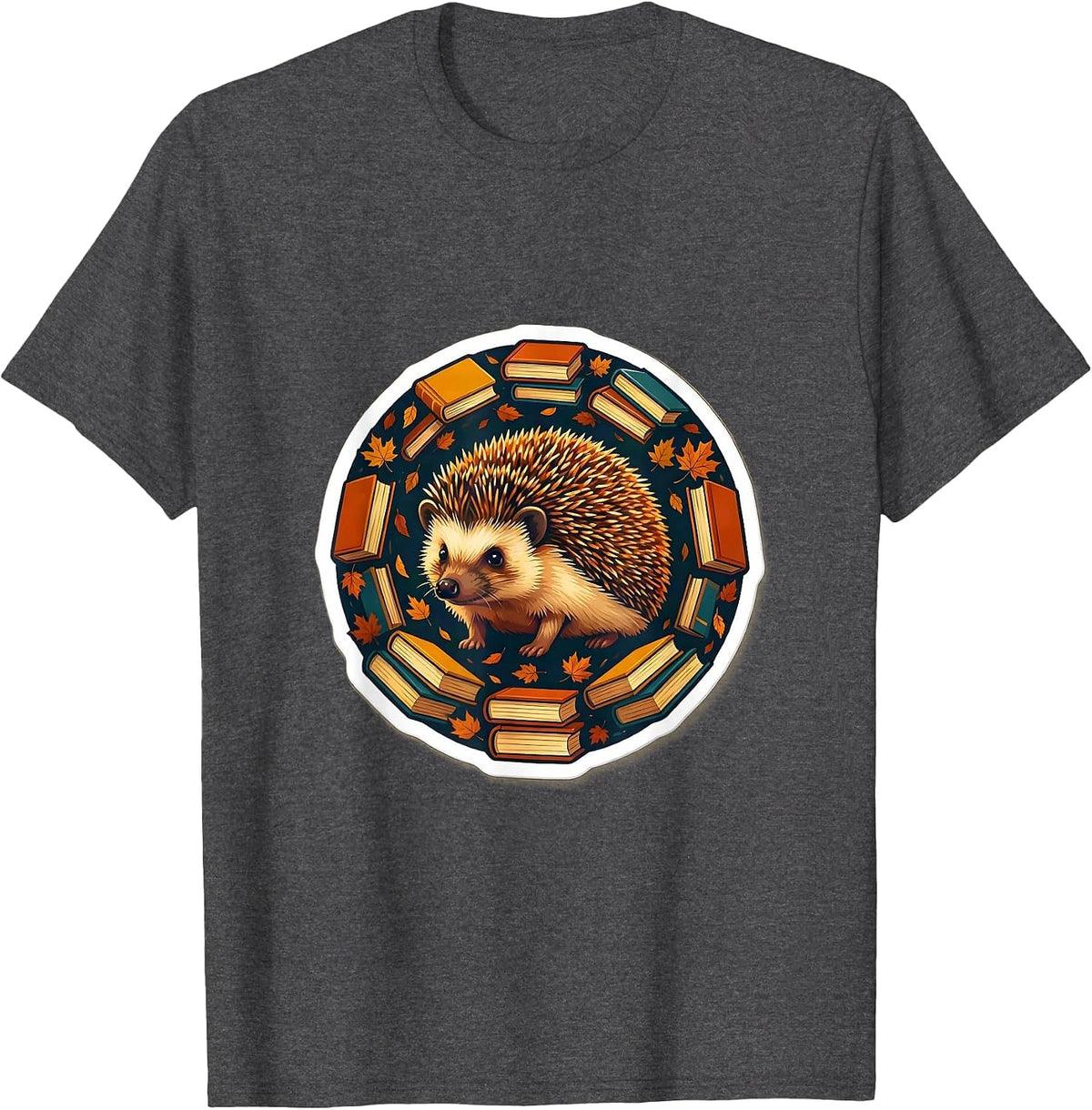 Men's Fall Teacher Hedgehog with Stacked Books Design T-Shirt - Dark Heather Grey