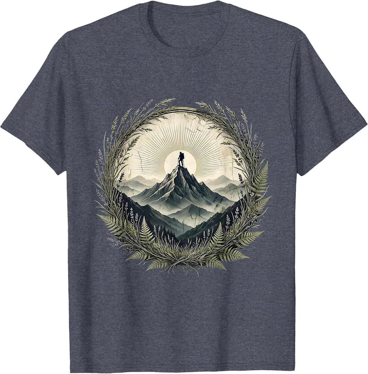 Men's Hiker Silhouette Misty Mountain Peak Adventure T-Shirt - Heather Blue