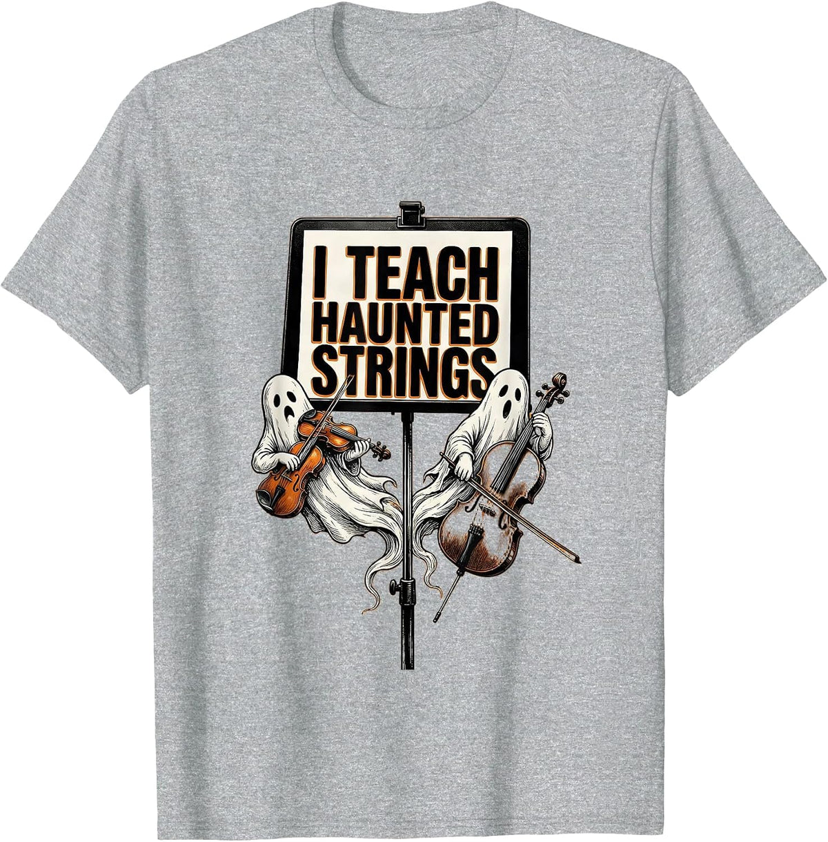 Men's I Teach Haunted Strings Funny Music Teacher Ghost Band T-Shirt - Heather Grey