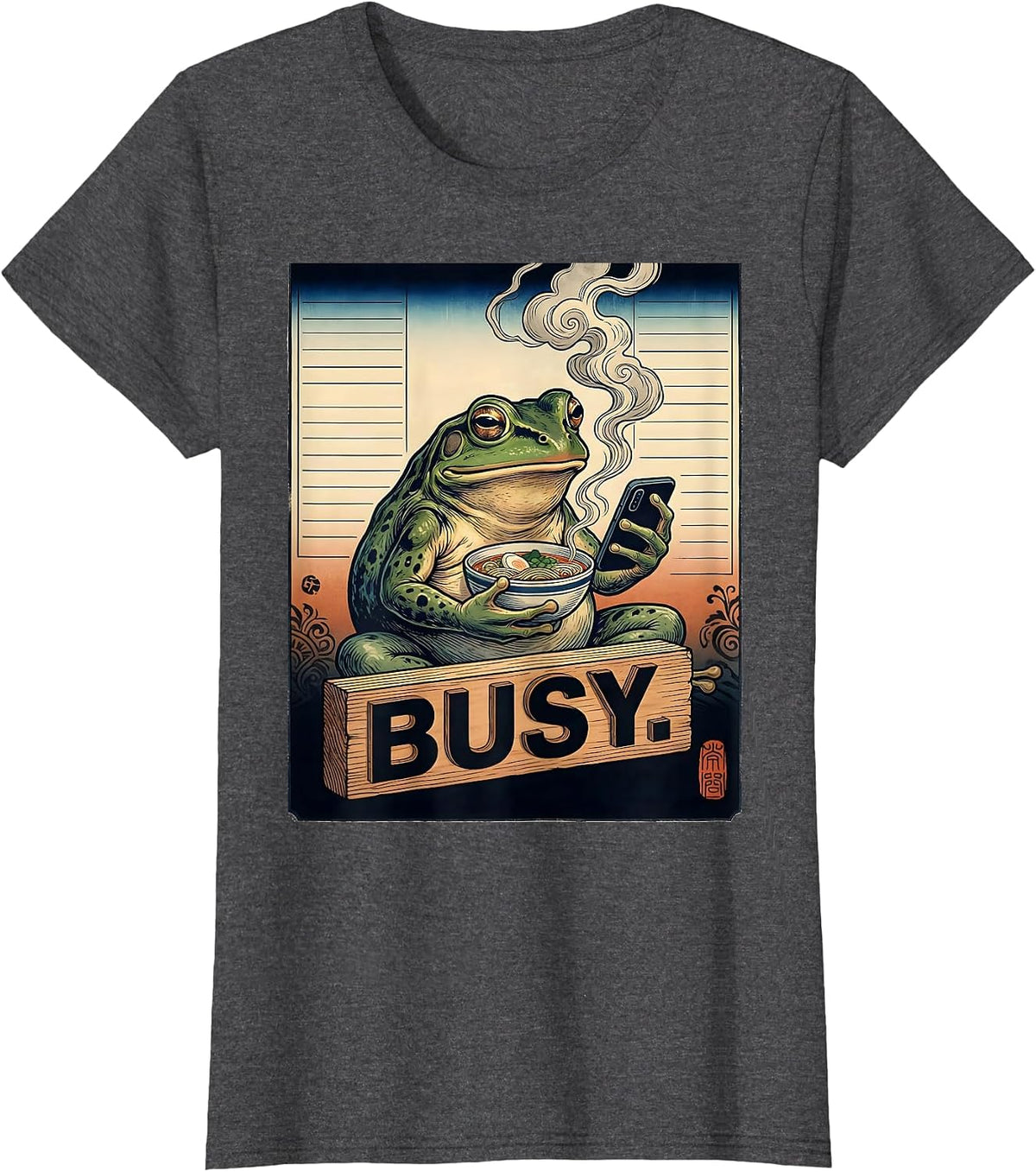 Women's Busy Grumpy Frog Ukiyo-e Ramen Humor Japanese Art T-Shirt - Dark Heather Grey