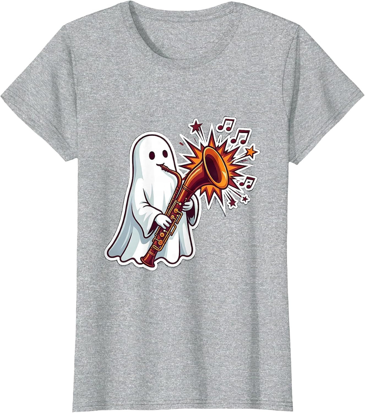 Sheet Ghost Bassoon Sticker Style Music Teacher Halloween T-Shirt - Heather Grey