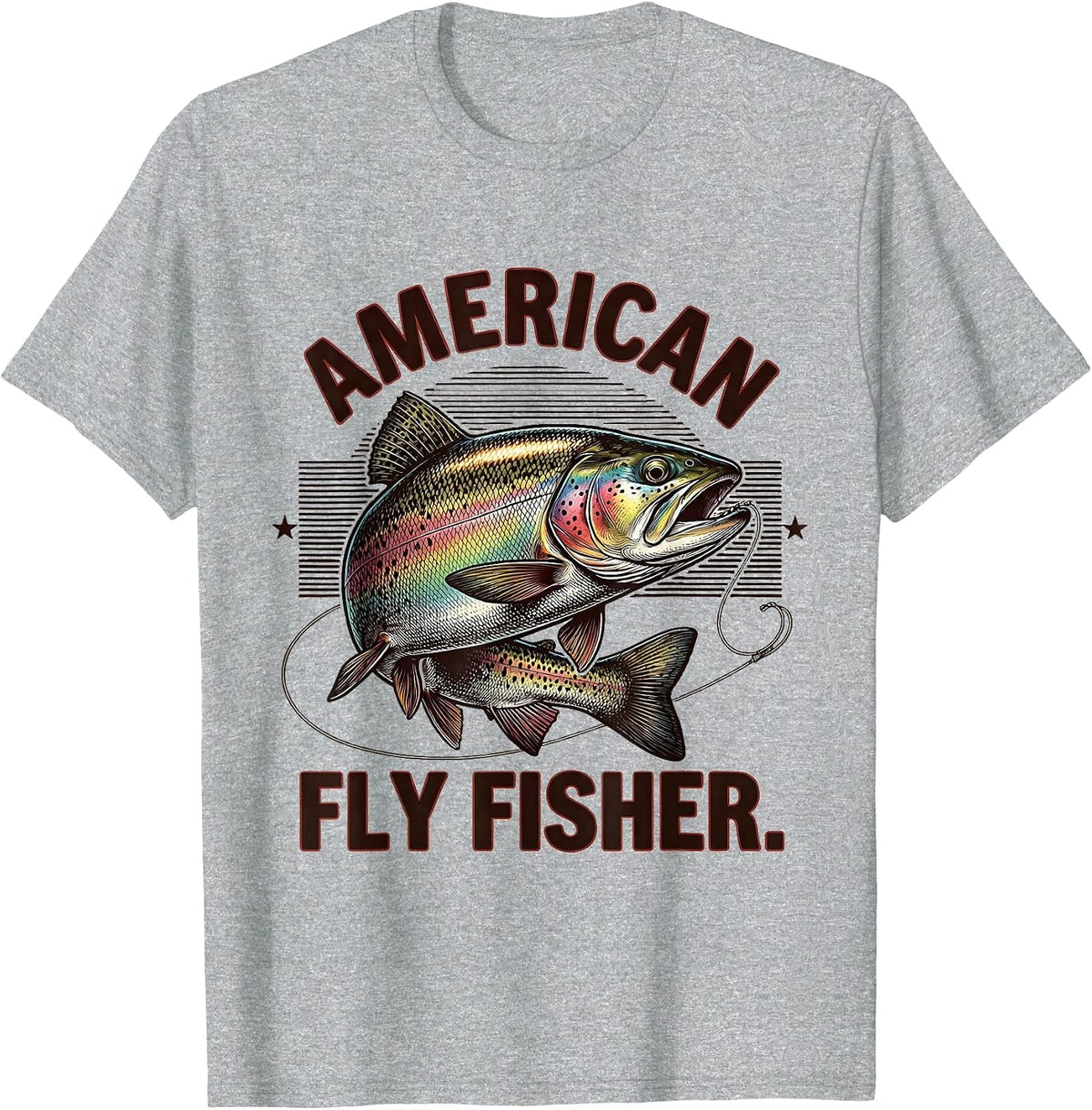 Men's American Fly Fisher Vintage Engraved Trout Patriotic Camo T-Shirt - Heather Grey