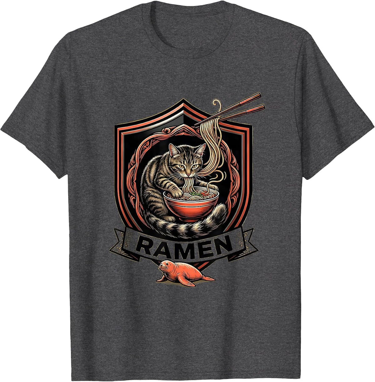 RAMEN Kawaii Anime Cat Japanese Humor Emblem T-Shirt - Dark Heather Grey