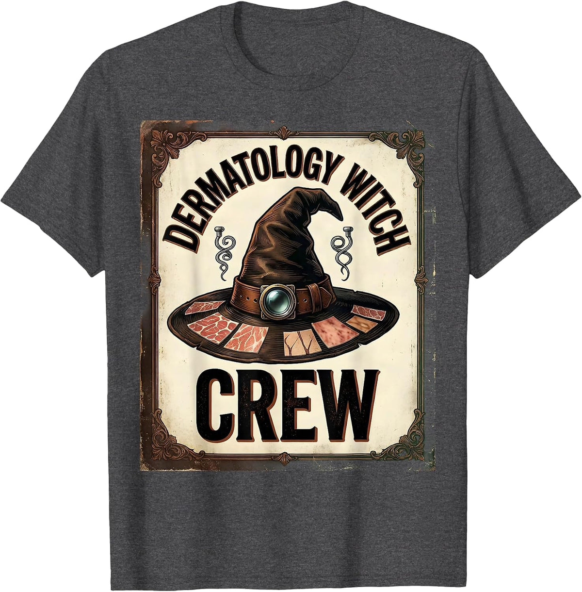 Men's Dermatology Witch Crew Vintage Dermatology Halloween Crew T-Shirt - Dark Heather Grey