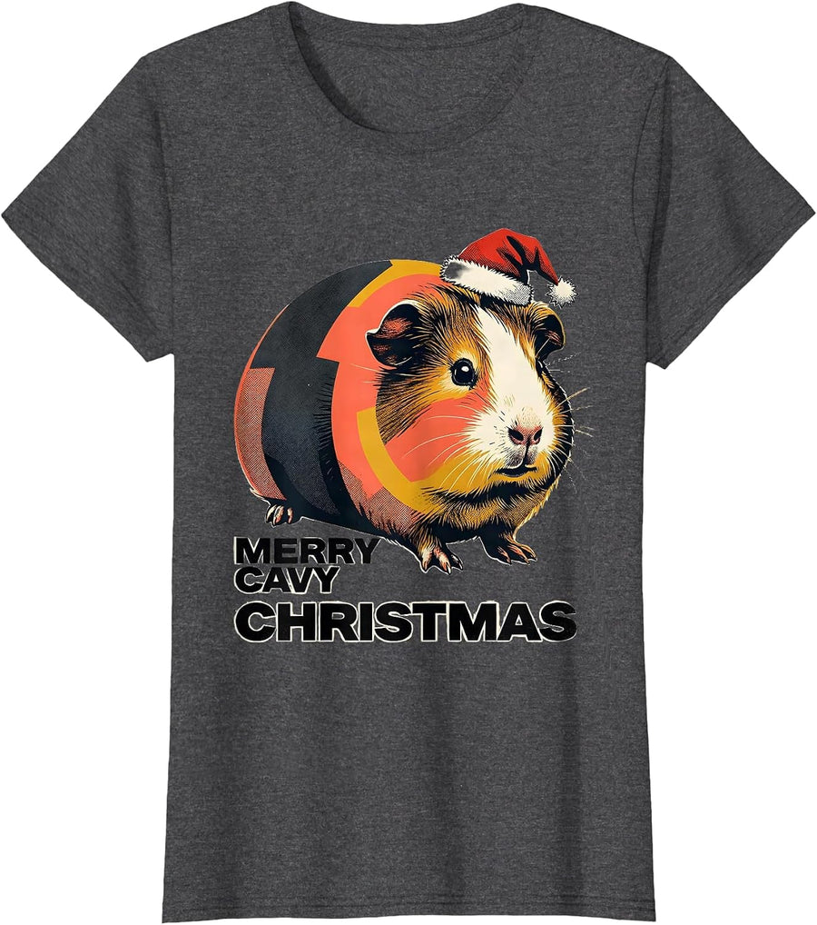 Women's Merry Cavy Christmas Midcentury Modern Guinea Pig Owner Pet T-Shirt - Dark Heather Grey