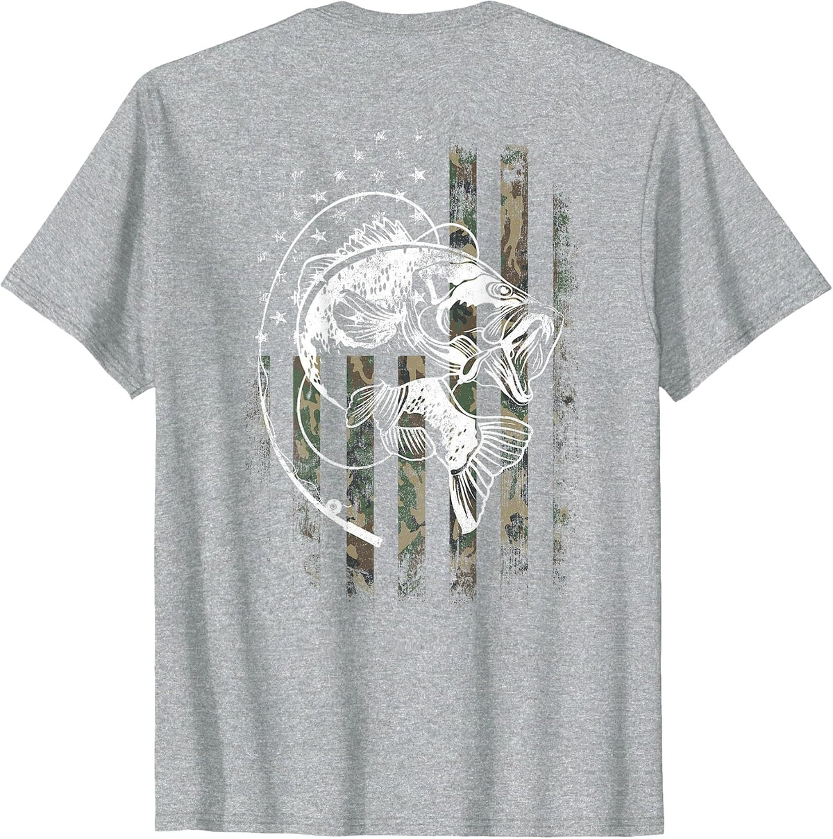Bass Fish Fishing Camouflage Flag Funny Fisherman (on Back) T-Shirt - Heather Grey