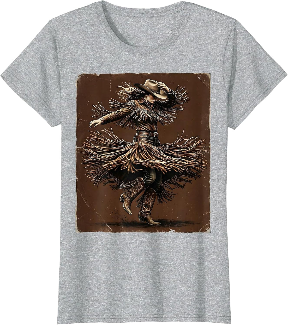Women's Cowgirl Rodeo Spin Flying Fringe Graphic Tee T-Shirt - Heather Grey