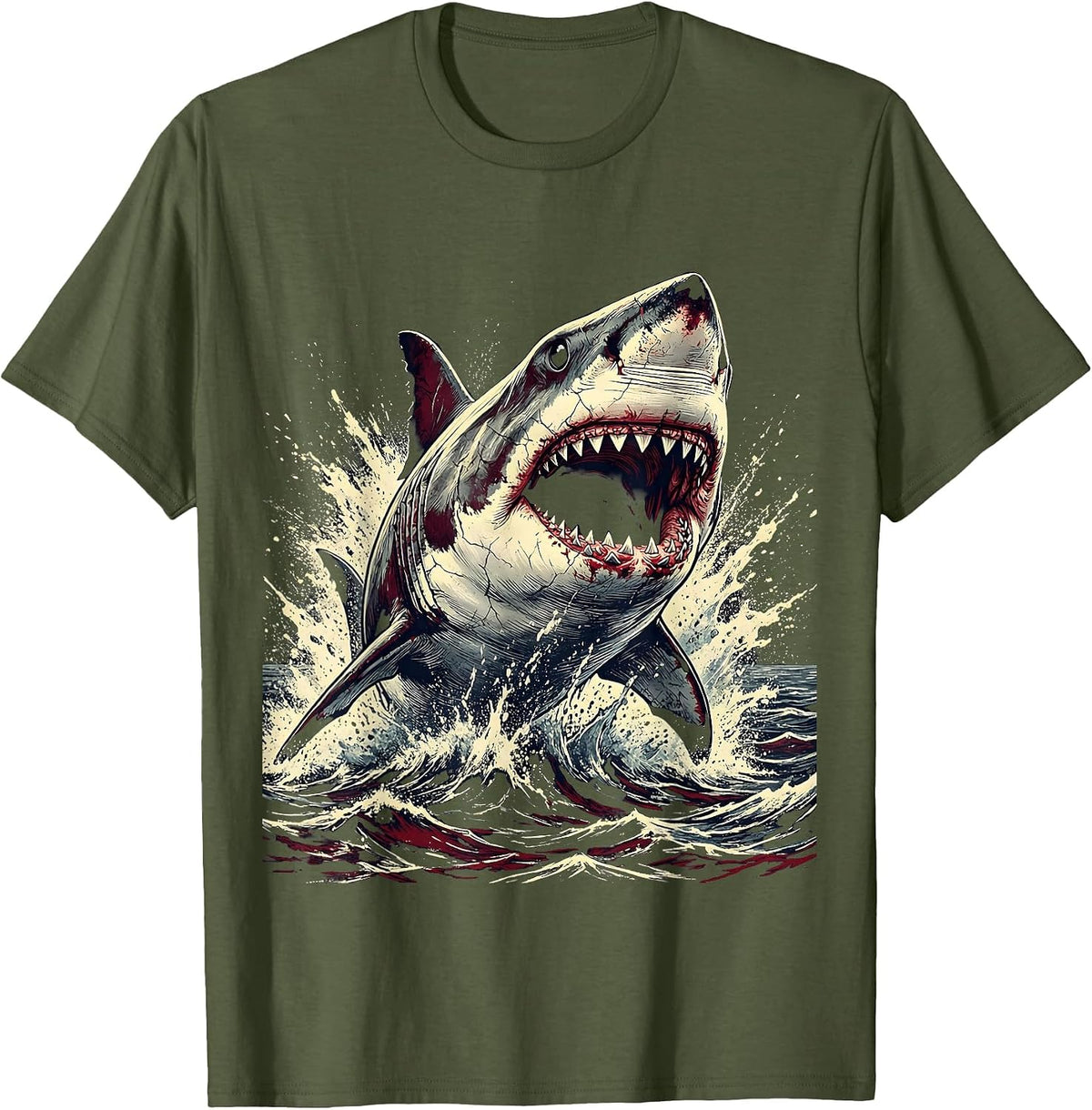 Great White Shark Ocean Burst Graphic Design T-Shirt - Olive Green