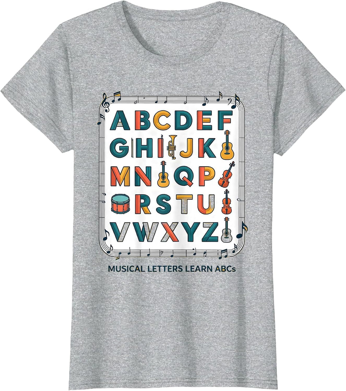 Musical Letters Learn ABCs Cute Music Teacher Alphabet Chart T-Shirt - Heather Grey
