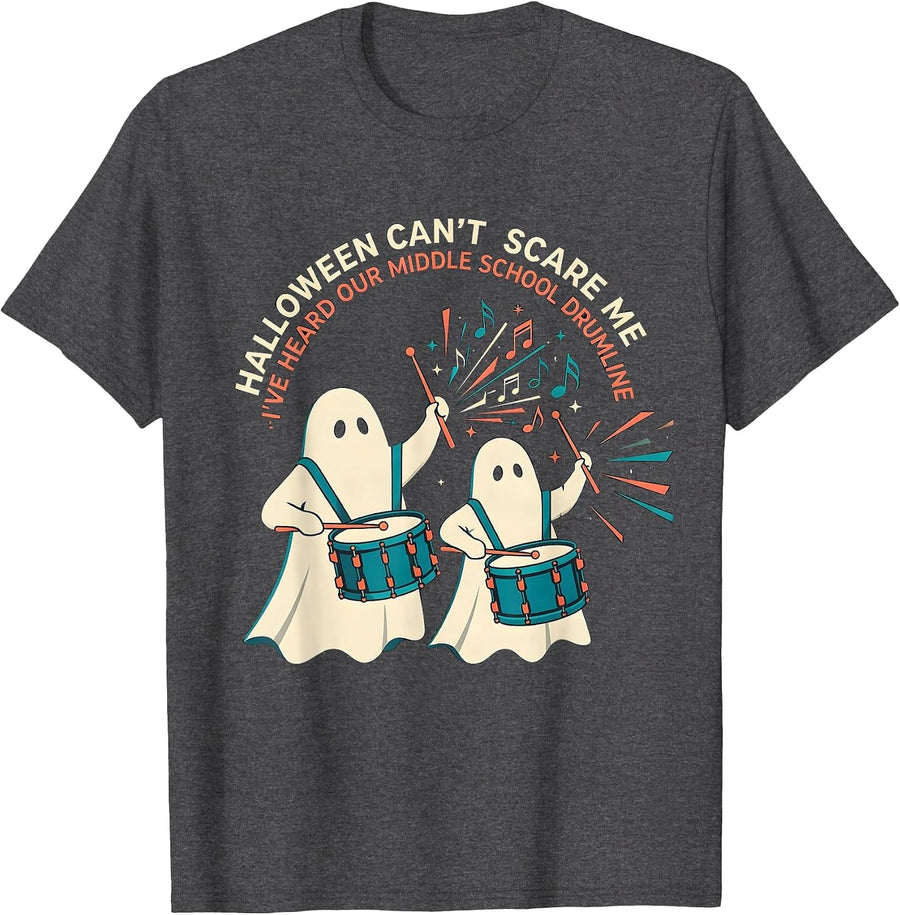 Men's Halloween Can't Scare Me Music Teacher Ghost Drummer Humor T-Shirt - Dark Heather Grey
