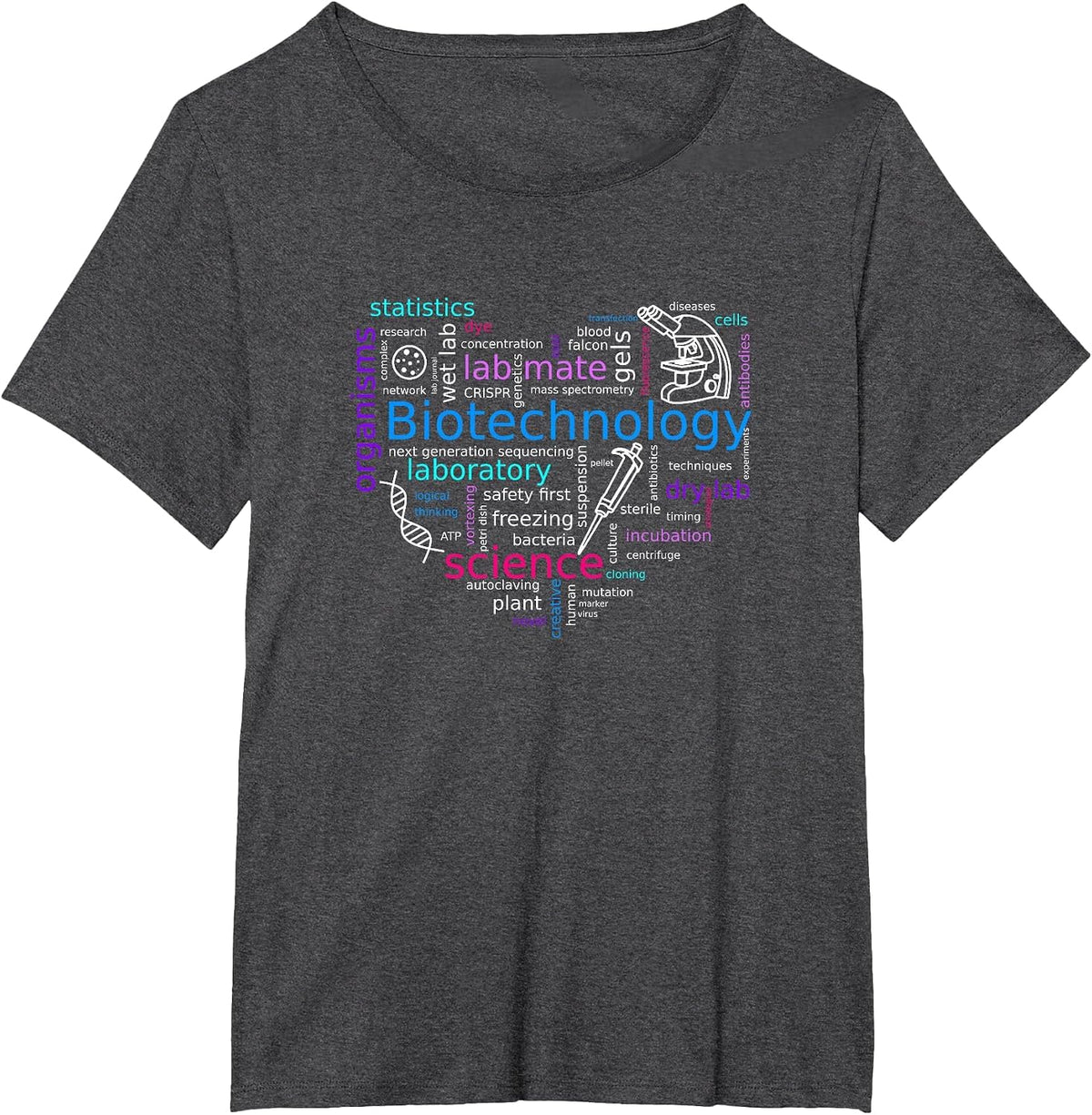 Word Cloud biotech with Microscope, Pipette and DNA T-Shirt - Dark Heather Grey