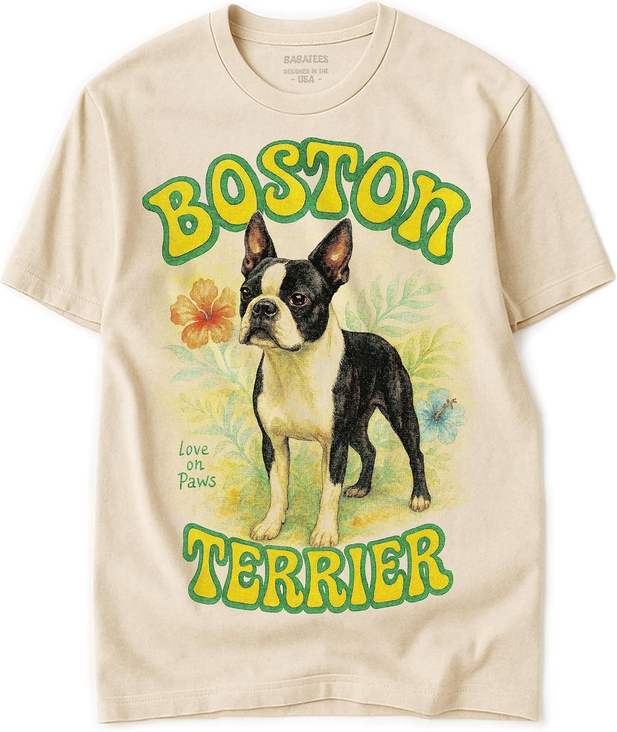Groovy Dog Watercolor Artwork - 100% Natural, Raw & Undyed Heavyweight Cotton Tshirt for Men & Women - Boston Terrier