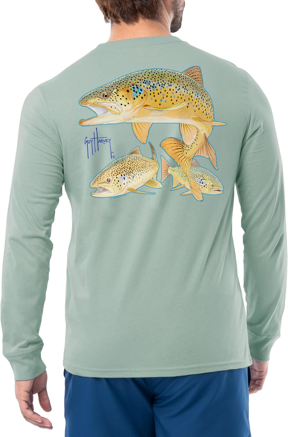Guy Harvey Men’s HarborLite Long Sleeve T-Shirt - Blue Surf\/Brown Trout