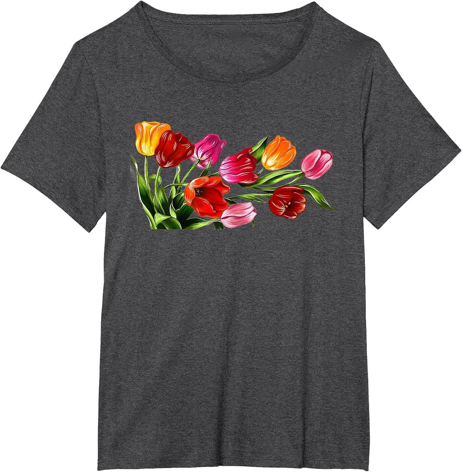 Lovely Spring Tulips Flower Design Tee T-Shirt - Dark Heather Grey