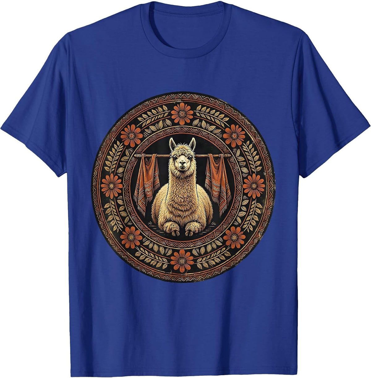 Alpaca and Hand-Dyed Poncho Illustration T-Shirt - Royal Blue