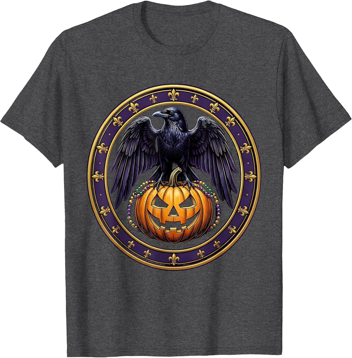 Men's Mardi Gras Crow on Glowing Jack-O-Lantern T-Shirt - Dark Heather Grey