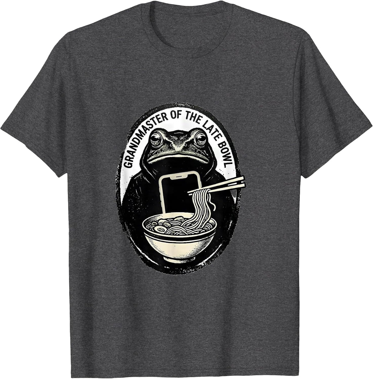 Grandmaster of the Late Bowl Funny Grumpy Frog Ramen Phone T-Shirt - Dark Heather Grey