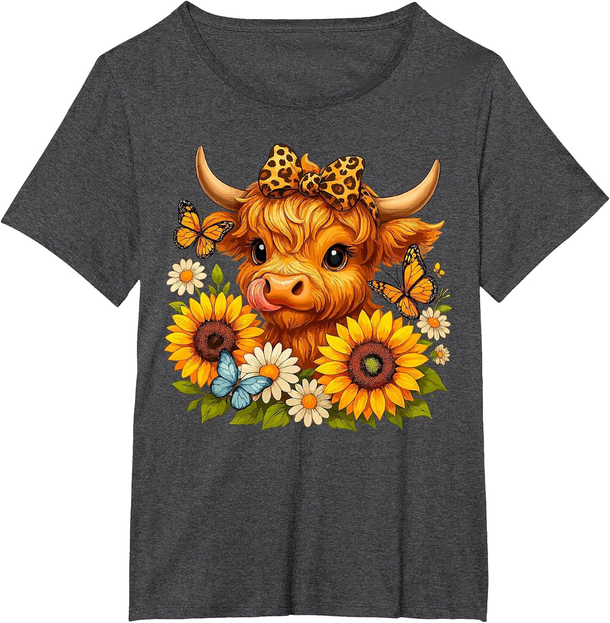 Sunflower Highland Cow Scottish Cattle T-Shirt - Dark Heather Grey