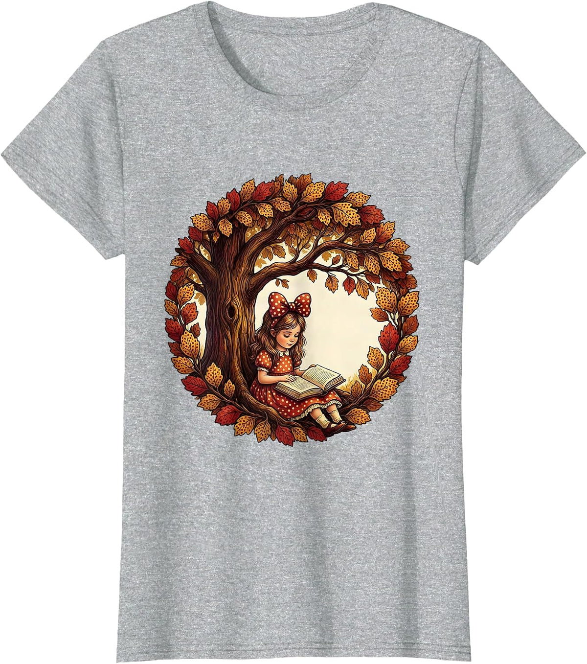 Girls Polka Dot Bow Reading Under Tree T-Shirt - Heather Grey