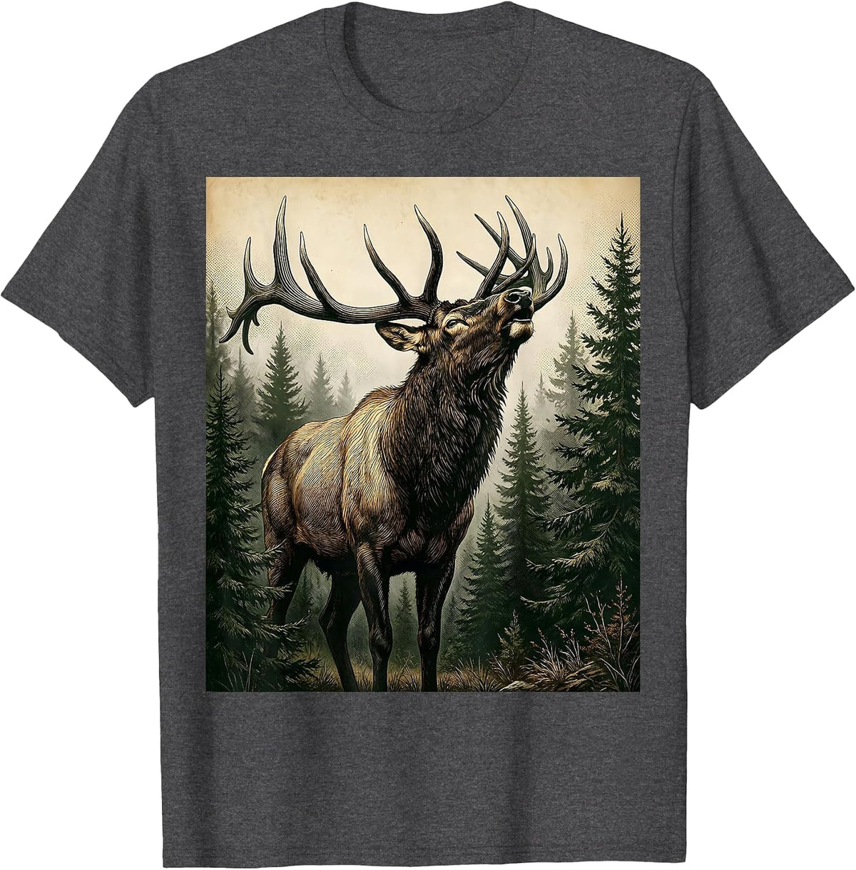 Men's Elk Bugling in Misty Camo Forest Graphic T-Shirt - Dark Heather Grey