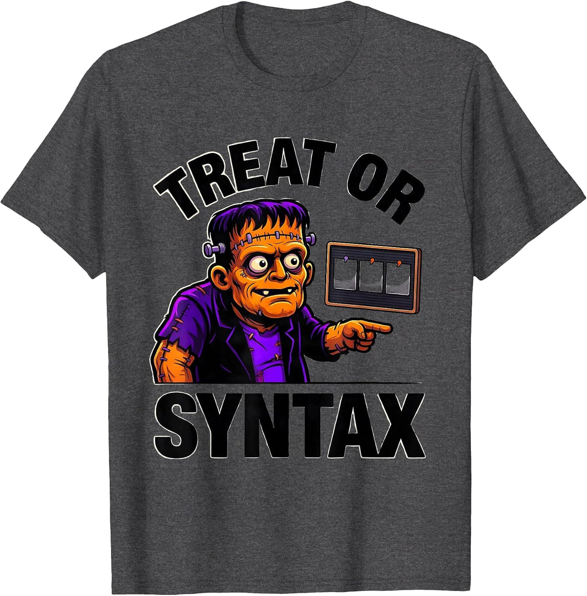 Treat Or Syntax Cartoon Halloween Speech Therapy SLP Teacher T-Shirt - Dark Heather Grey