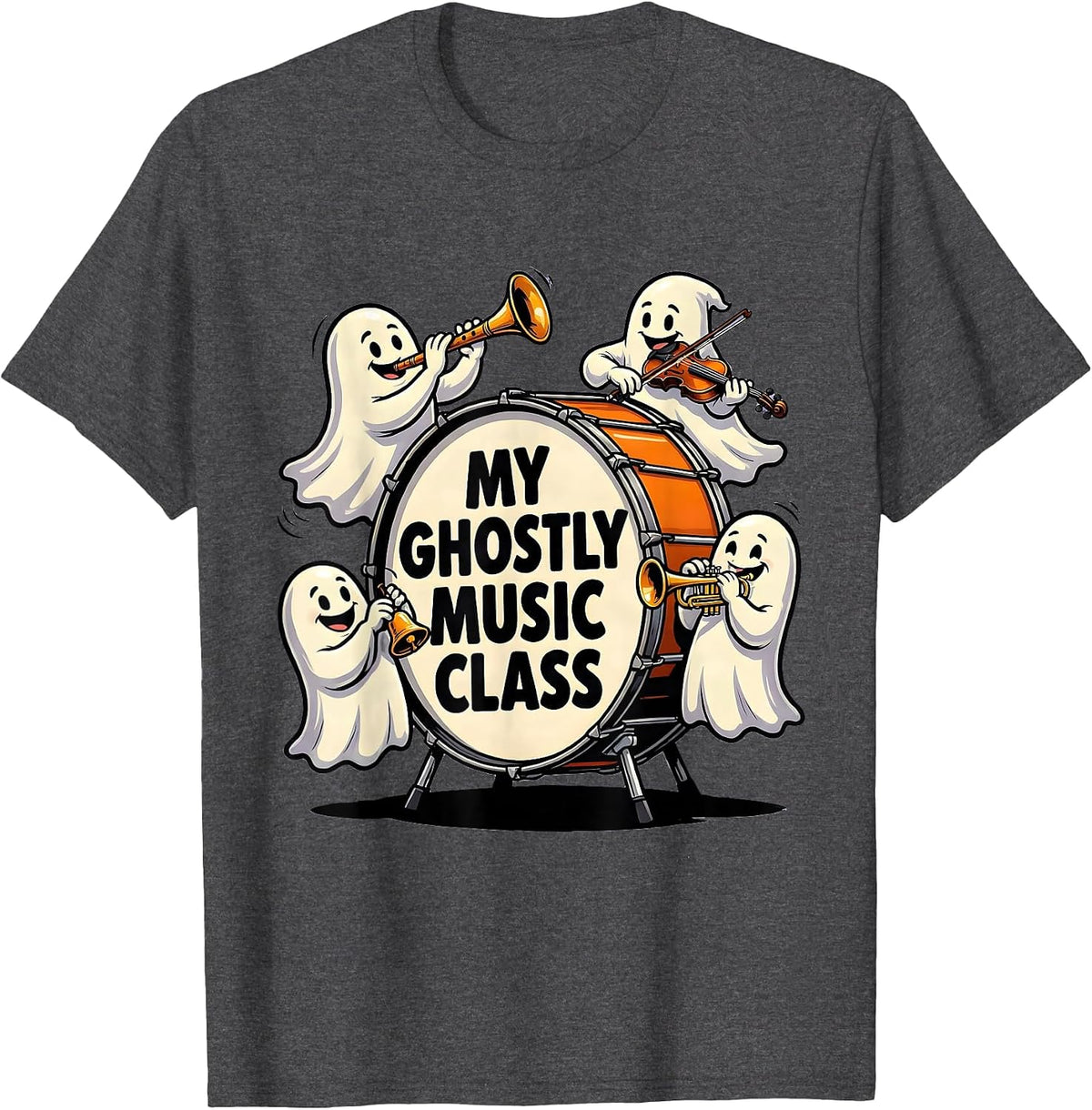 My Ghostly Music Class Cartoon Halloween Music Teacher Ghost T-Shirt - Dark Heather Grey