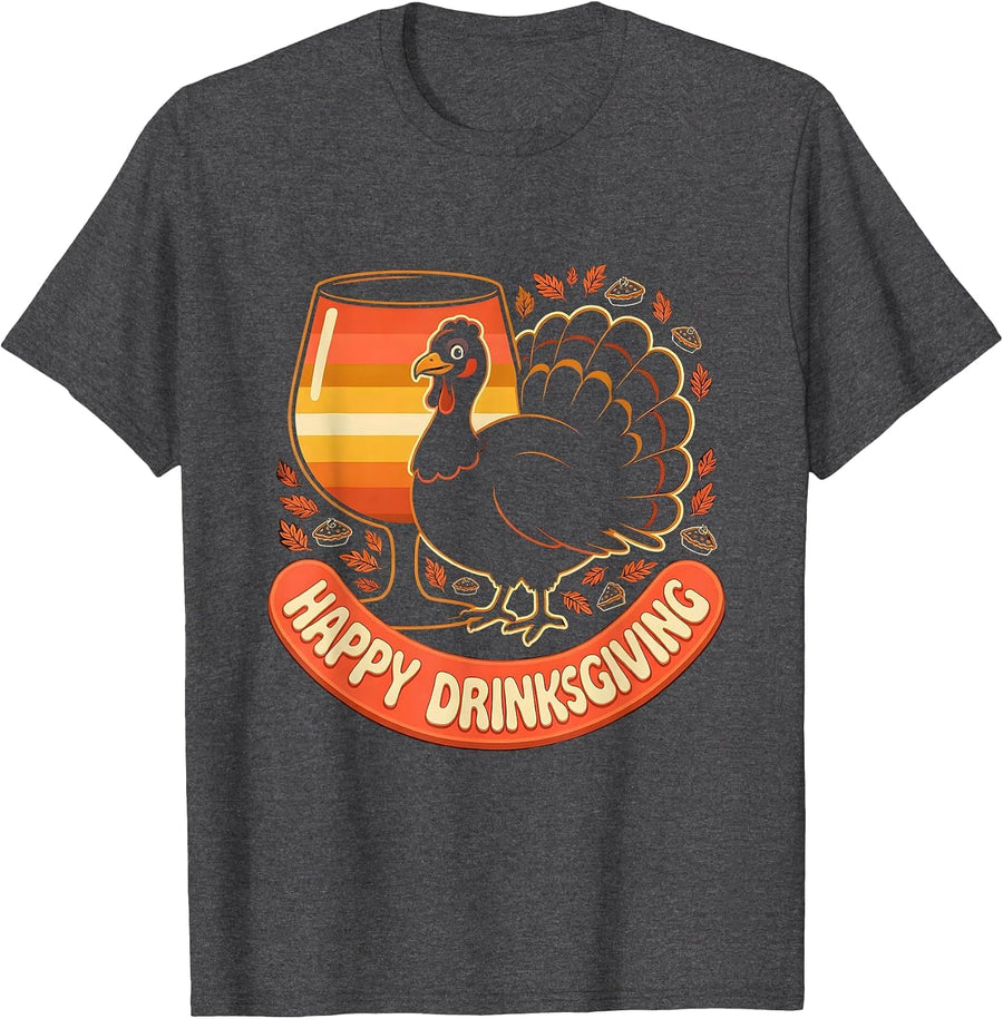 Men's Happy Drinksgiving Retro 70s Drinking Humor Thanksgiving T-Shirt - Dark Heather Grey