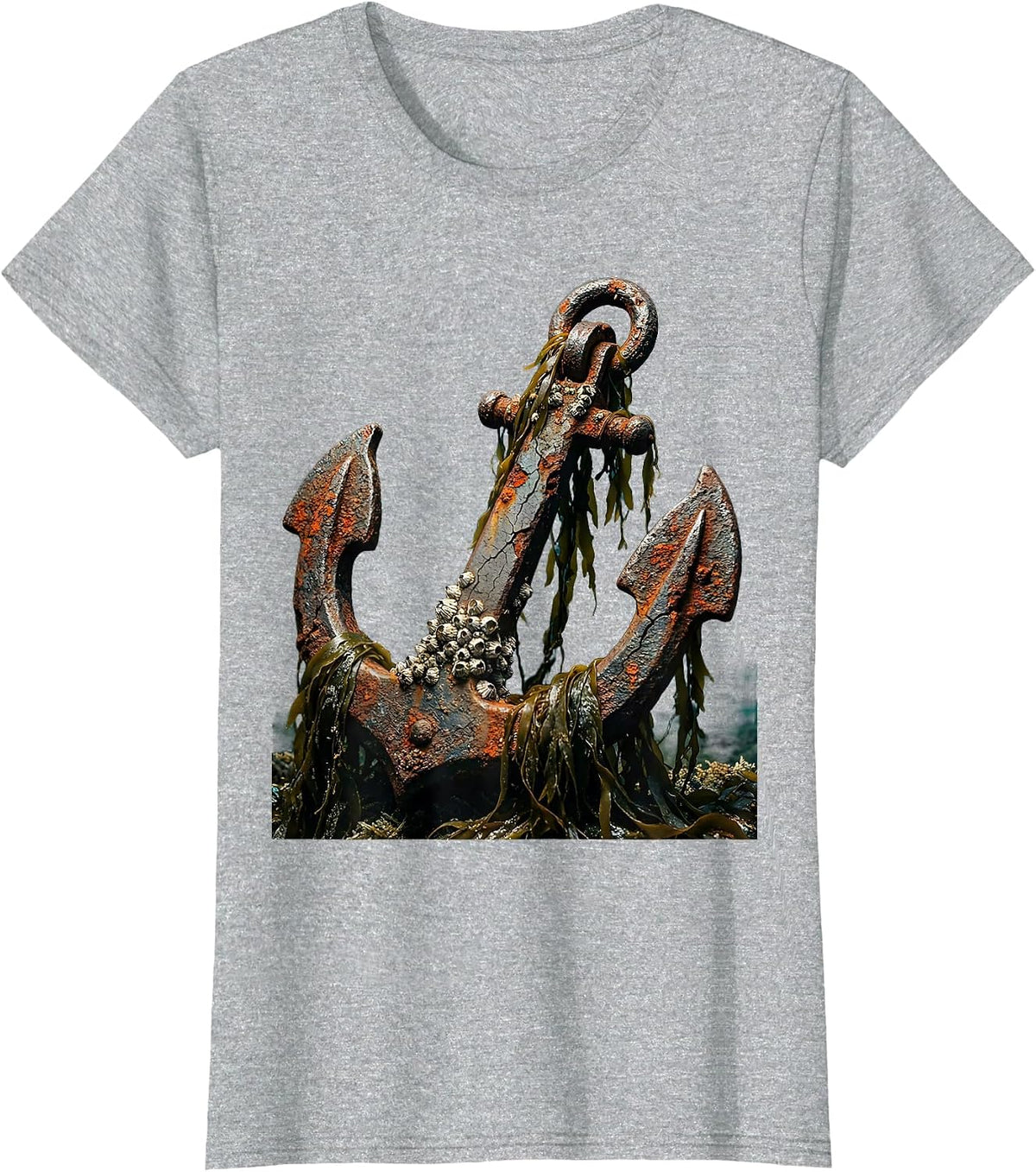 Sunken Anchor Barnacles and Seaweed Sailor Art T-Shirt - Heather Grey