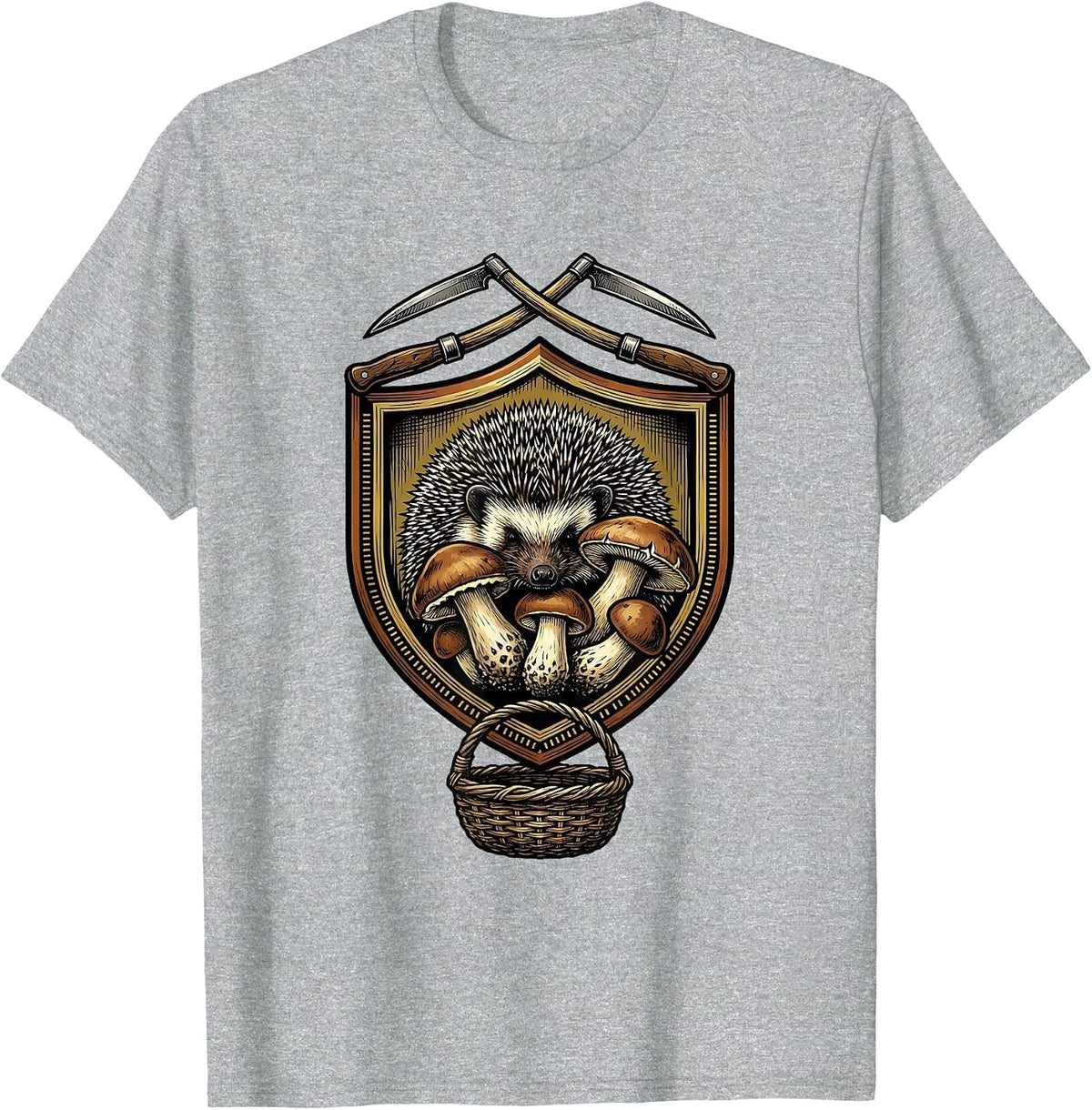 Men's Hedgehog Mushroom Emblem Forager Gift Foraging Hobbyist T-Shirt - Heather Grey