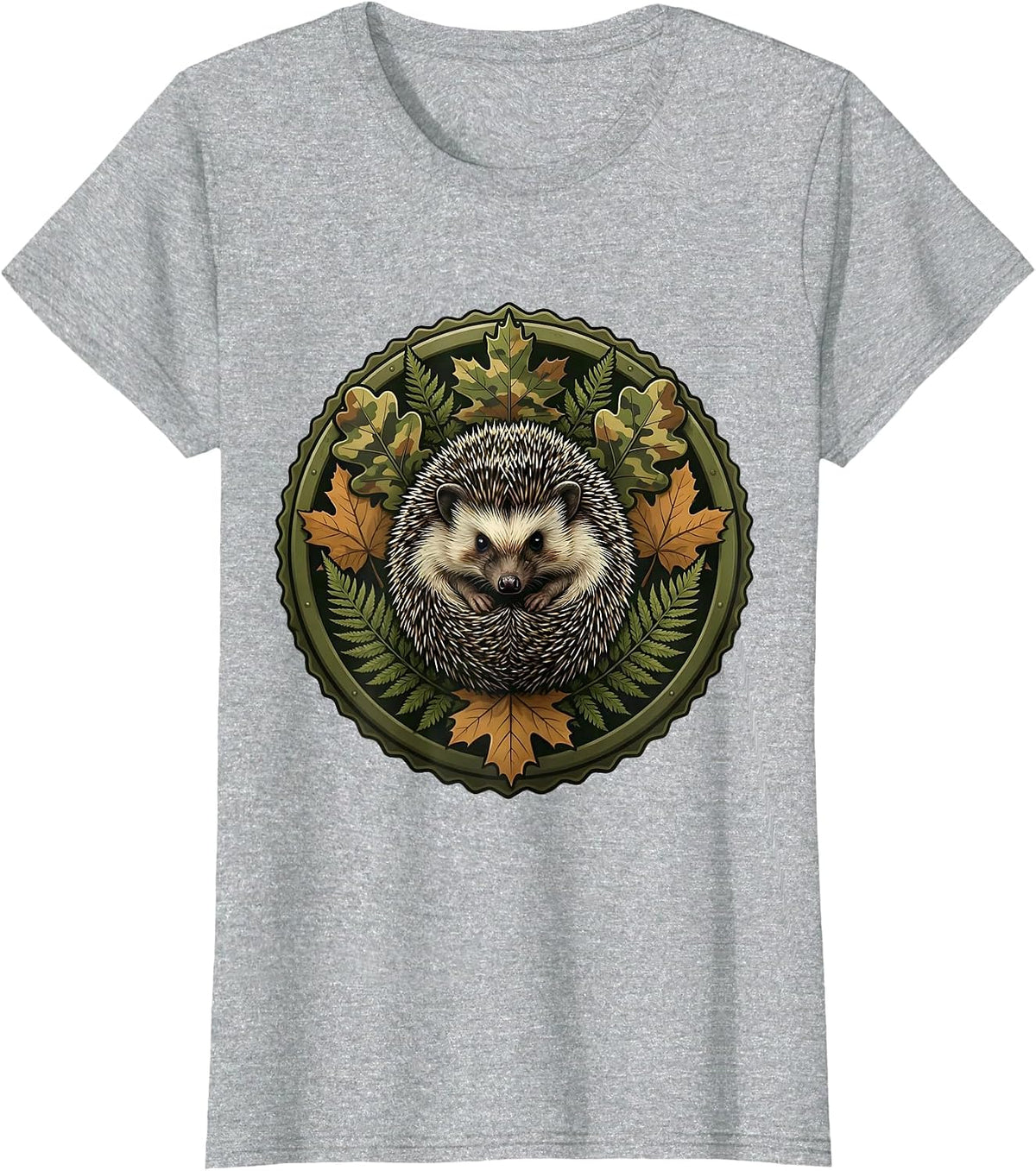 Camo Hedgehog Curled in Leaf Pile Kids Design T-Shirt - Heather Grey