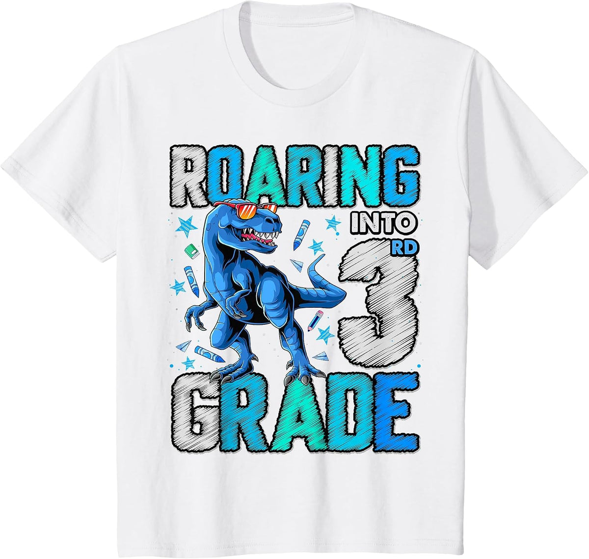 Roaring Into 3rd Grade Dinosaur T Rex Back to School Boys T-Shirt - White